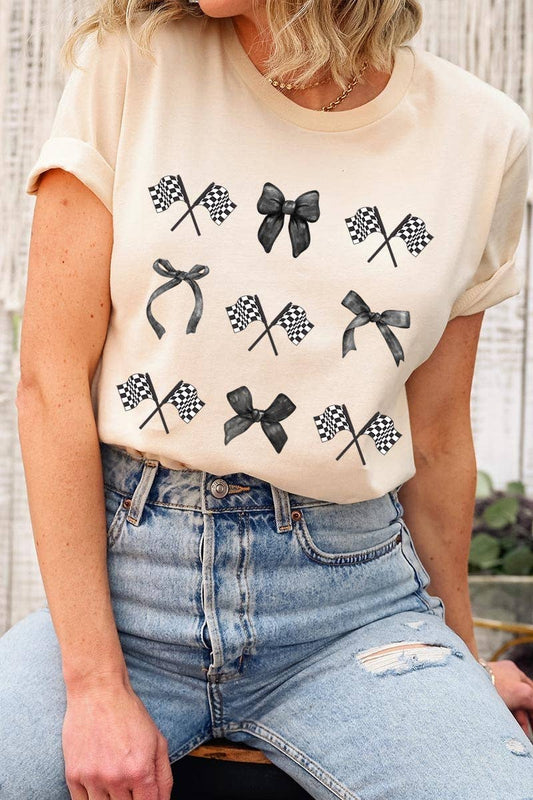 Checkered Flag Black Bow Race Graphic Tee